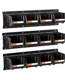 Wall Mounted Storage Bins, 12 Plastic Bins & 3 Metal Rails, Plastic Hanging Stackable Storage Bin For Screws, Nuts, Bolts, Nails, Hardware Tool Organizer For Workshop, Craft Room, Garage, Black