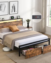 Queen Size Bed Frame With Storage Headboard And 2 Drawers, LED Lights Bed With Charging Station
