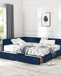 Full Size Storage Upholstered Tufted Bed Frame, Sofa Bed Frame With Comfortable Backrest And Armrests, Full Size Bed For Bedroom, Living Room,Velvet, DARK BLUE 80.5x59x29.5