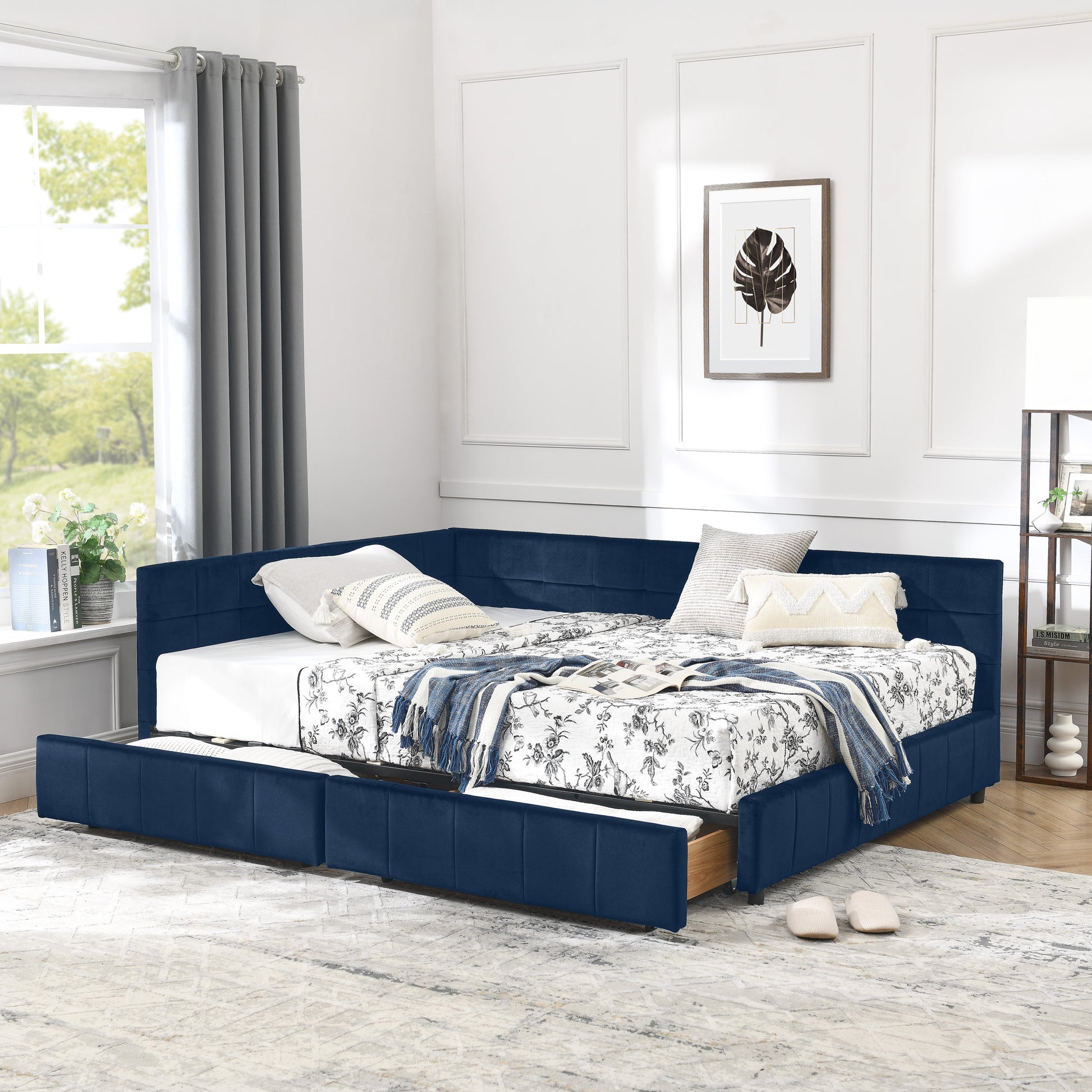 Full Size Storage Upholstered Tufted Bed Frame, Sofa Bed Frame With Comfortable Backrest And Armrests, Full Size Bed For Bedroom, Living Room,Velvet, DARK BLUE 80.5x59x29.5