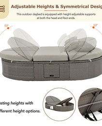 TOPMAX Outdoor Sun Bed Patio 2-Person Daybed With Cushions And Pillows, Rattan Garden Reclining Chaise Lounge With Adjustable Backrests And Foldable Cup Trays For Lawn,Poolside, Gray