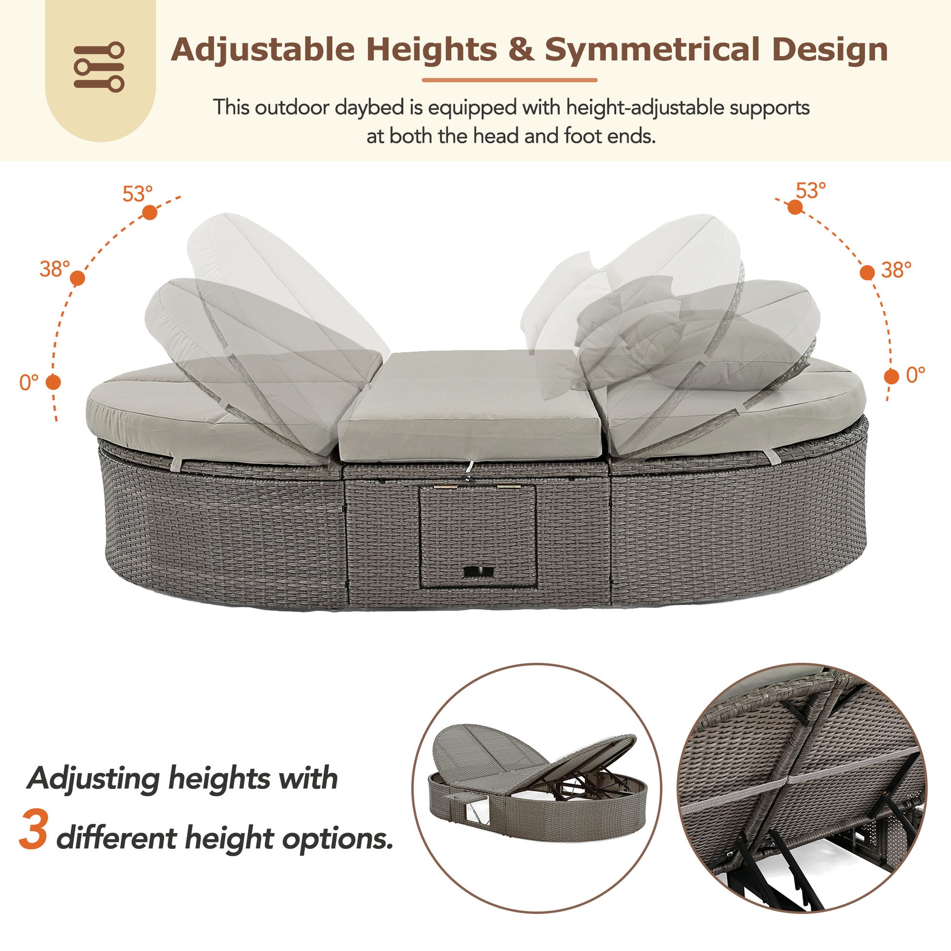 TOPMAX Outdoor Sun Bed Patio 2-Person Daybed With Cushions And Pillows, Rattan Garden Reclining Chaise Lounge With Adjustable Backrests And Foldable Cup Trays For Lawn,Poolside, Gray