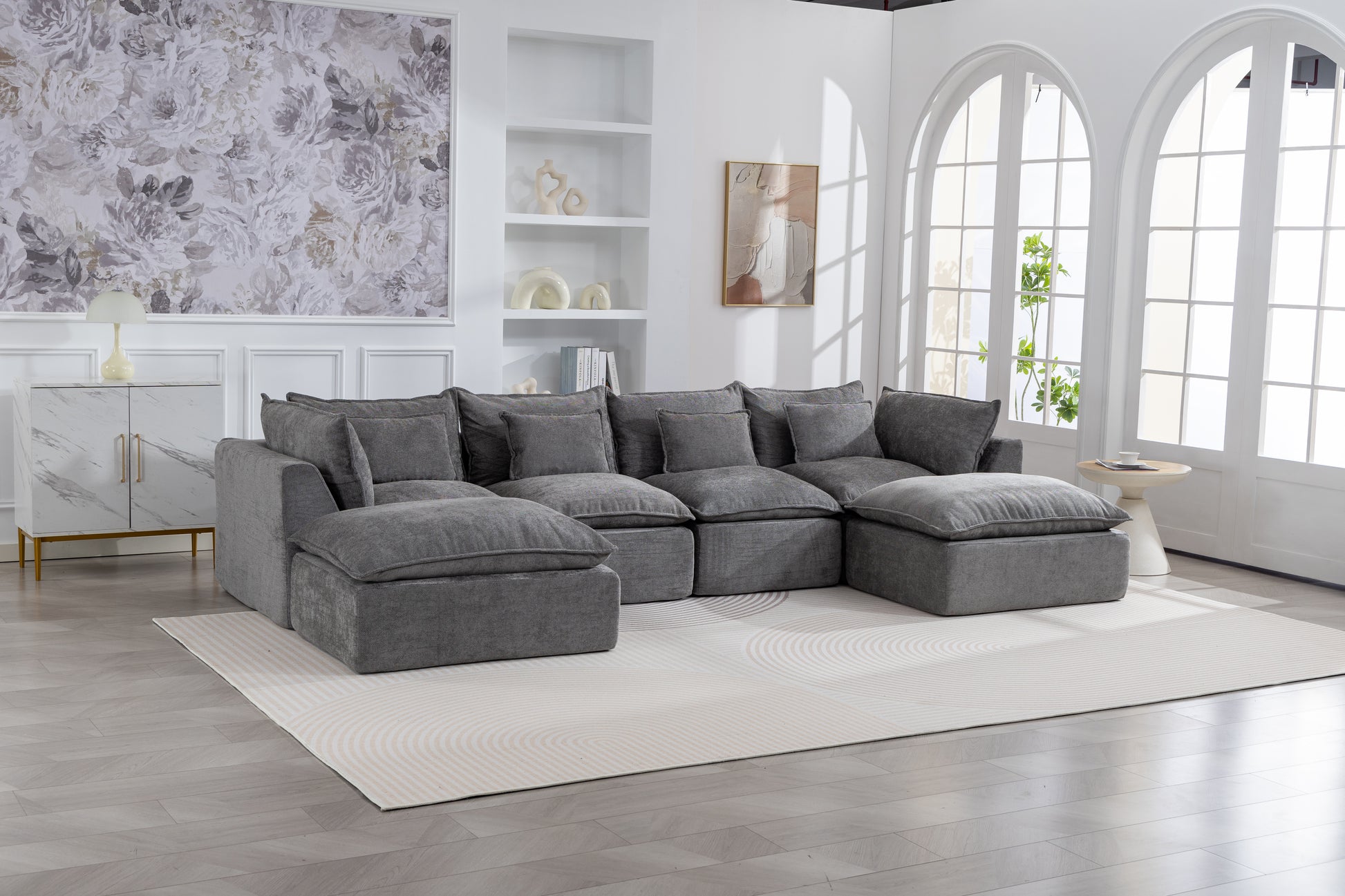 129.8  Width Cloud Couch Oversized Modular Sectional Sofa True Relax Comfy Couches Wide&Deep Seat Sofas For Living Room Furniture Sets, 4Seat With 2Ottoman
