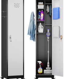 Aobabo H Lockable Storage Cabinet With Wheels, Metal Cleaning Tool Cabinet With Hooks, Cleaning Supplies For Broom Rack Shelf For Broom Mops Garage Storage, Black White, Assembly Required