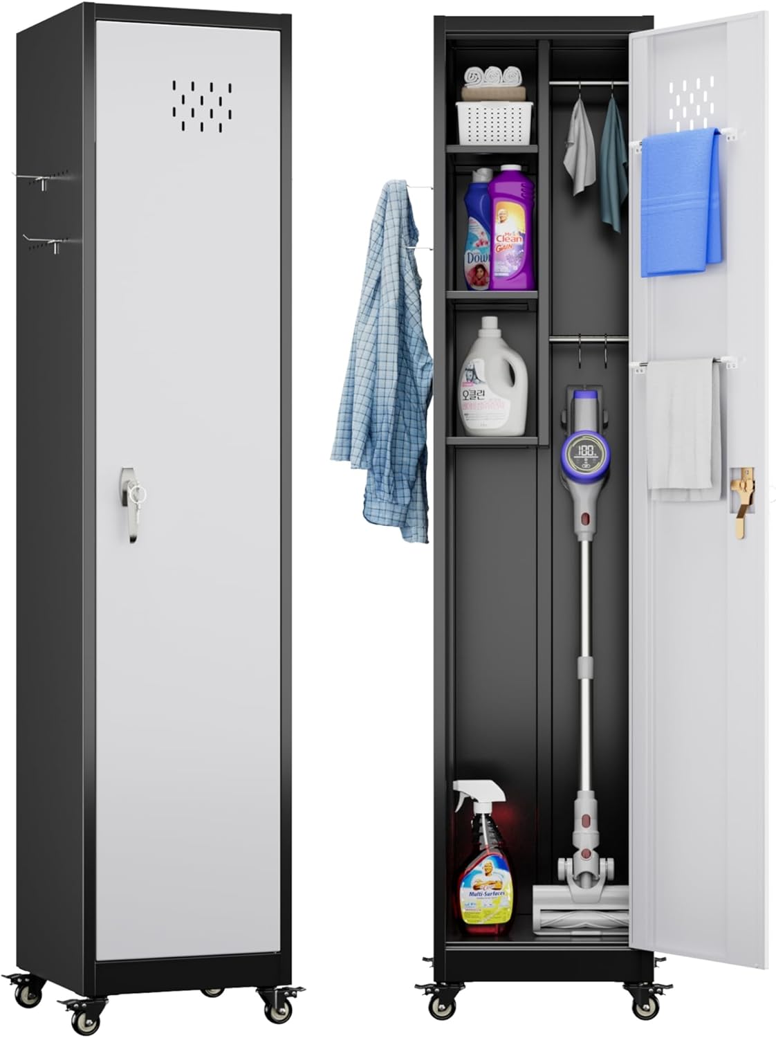 Aobabo H Lockable Storage Cabinet With Wheels, Metal Cleaning Tool Cabinet With Hooks, Cleaning Supplies For Broom Rack Shelf For Broom Mops Garage Storage, Black White, Assembly Required