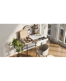 Makeup Vanity Desk With 3-Mode Lighted Mirror & Wireless Charging Station , Vanity Table With Drawer & 3 Open Shelves For Ample Storage Space - CJDS