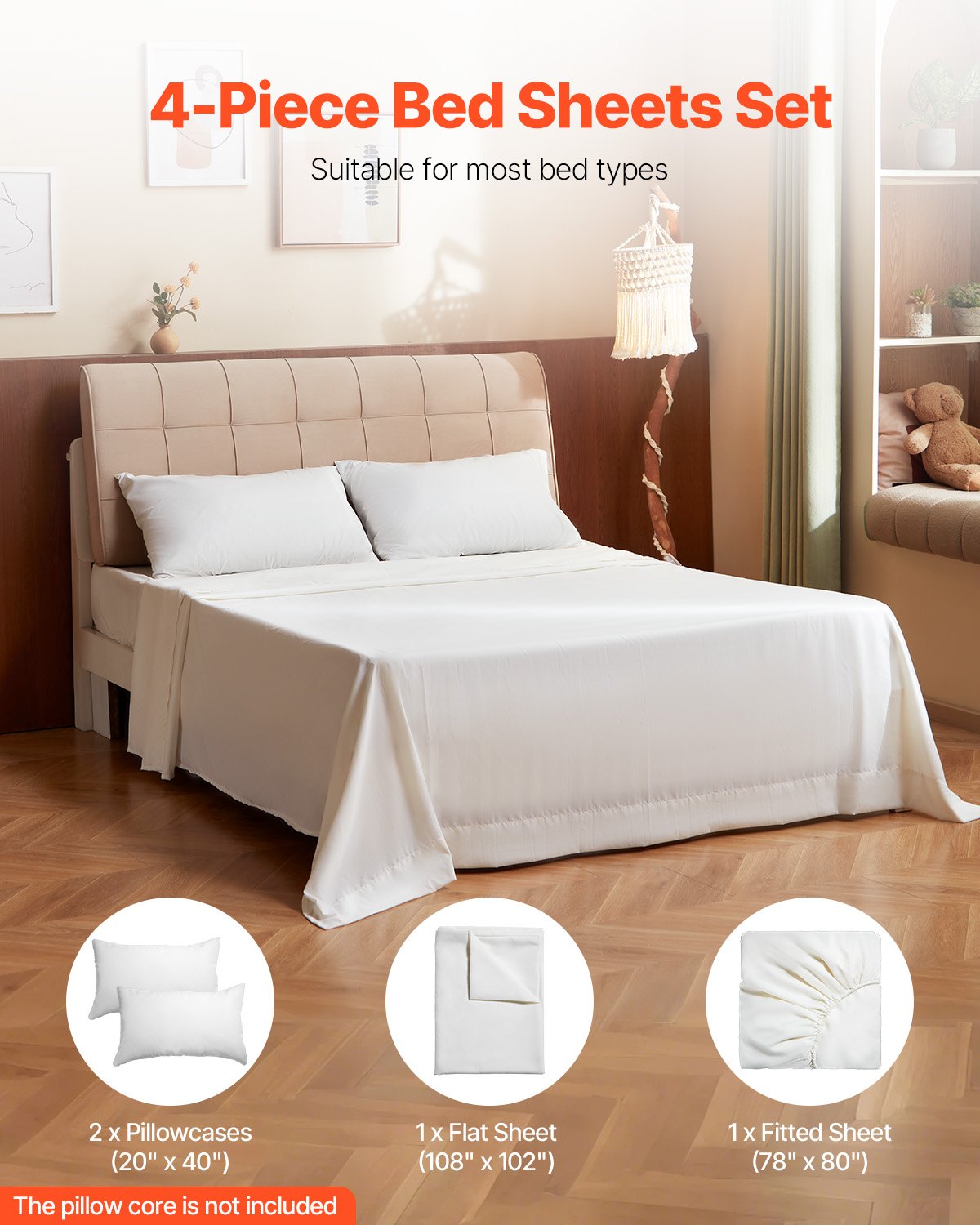 4-Piece Bed Sheet Set - King Size, 100% Brushed Microfiber Bedding Set With 2 Pillowcases, 1 Flat Sheet & 1 Fitted Sheet, Breathable & Wrinkle-Resistant Luxury Bed Sheets For Hotels, Bedrooms