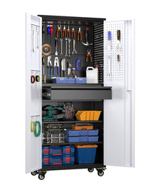 71 Inch High Metal Storage Cabinet On Wheels With 5 Pegboards And 1 Drawer, Lockable Steel Tool Cabinet For Garage, Warehouse, Assembly Required, Black Gray