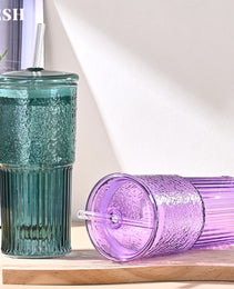 20 Oz 2-pack Green Glass Straw Cup With Vertical Pattern Cup And Lid, High Borosilicate Heat-resistant Glass Cup For Juice, Milk And Cold Drinks