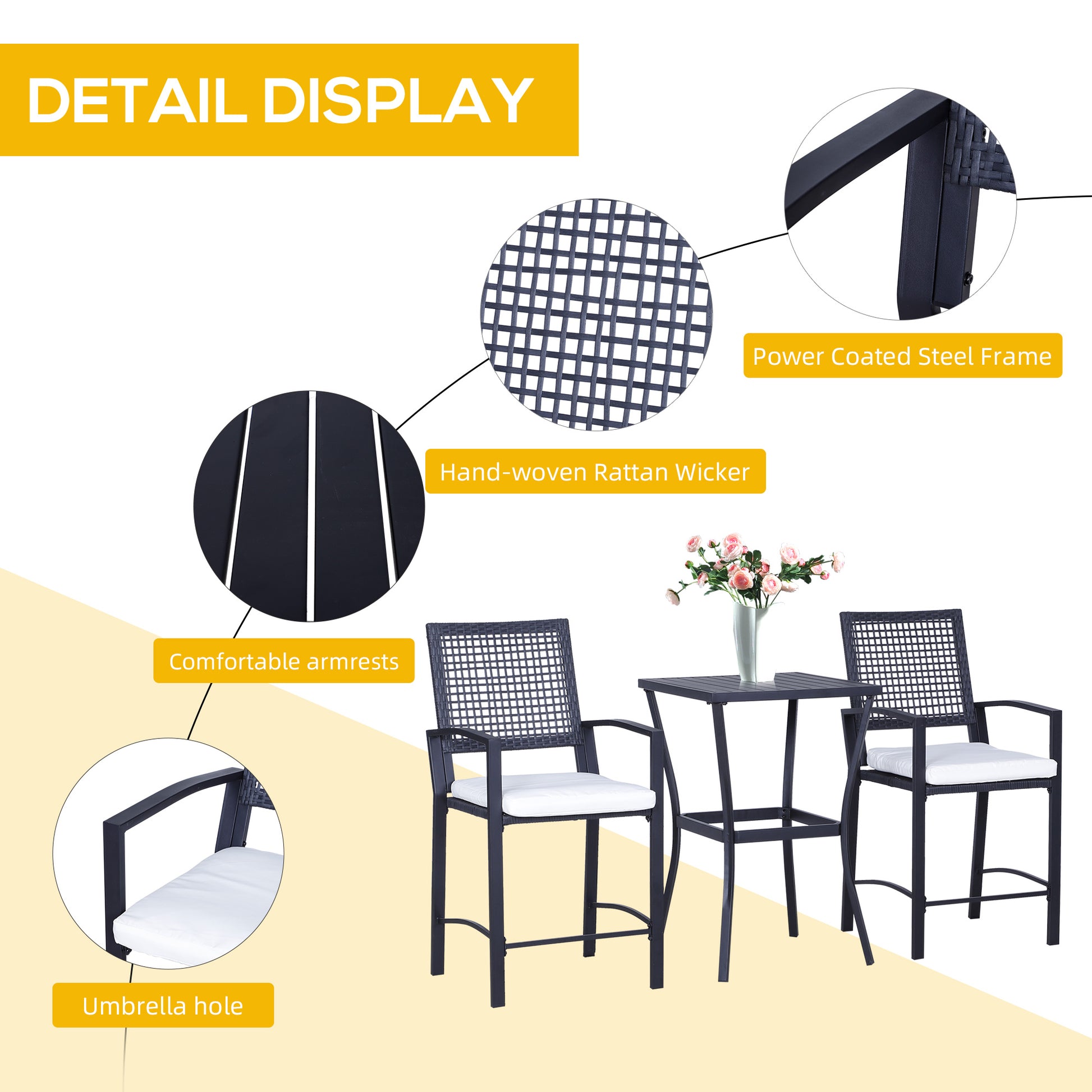 3pcs Patio Bar Set with Soft Cushion