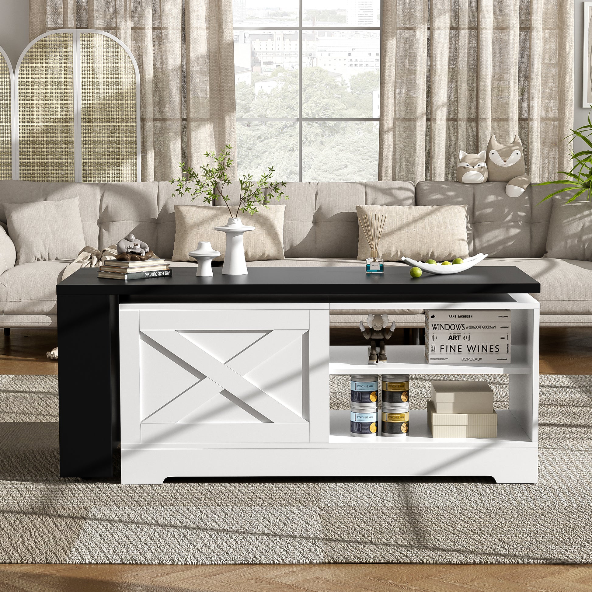 U-Can Farmhouse  Lift Top Coffee Table With Barn Doors, Wood Rectangle Center Table With Large Hidden Storage Space And Open Cabinet, For Living Room, Bedroom, Home Office