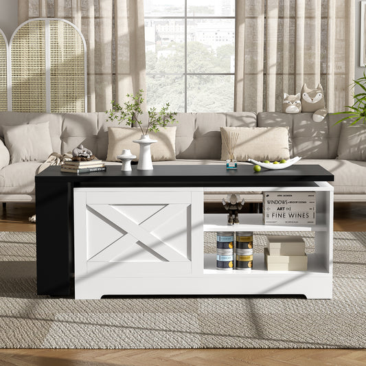 U-Can Farmhouse  Lift Top Coffee Table With Barn Doors, Wood Rectangle Center Table With Large Hidden Storage Space And Open Cabinet, For Living Room, Bedroom, Home Office
