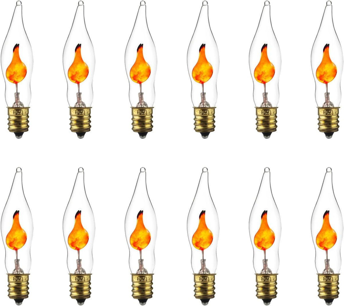 Petite Chandelier Flicker Flame Light Bulb Candelabra Base, Orange, for Holiday and Decorative Lighting, E12, Candelabra Base, Clear, 3 Watts, 12 Pack