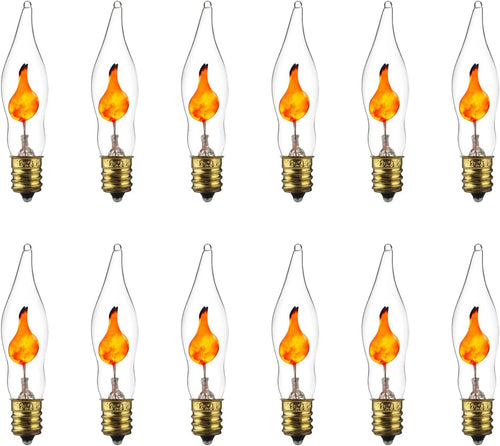 Petite Chandelier Flicker Flame Light Bulb Candelabra Base, Orange, for Holiday and Decorative Lighting, E12, Candelabra Base, Clear, 3 Watts, 12 Pack