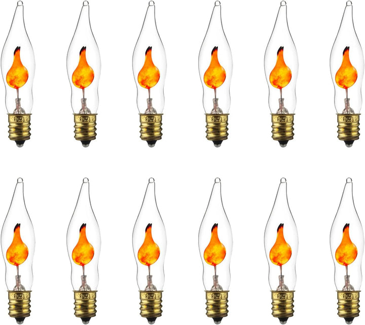 Petite Chandelier Flicker Flame Light Bulb Candelabra Base, Orange, for Holiday and Decorative Lighting, E12, Candelabra Base, Clear, 3 Watts, 12 Pack