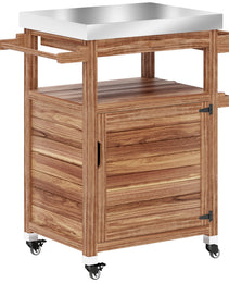 Outdoor Grill Cart with Stainless Steel Top, Solid Wood Outdoor Kitchen Island with Wheels, Drawer, Side Handle, Brown