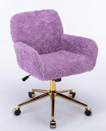 A&A Furniture Office Chair,Artificial Rabbit Hair Home Office Chair With Golden Metal Base,Adjustable Desk Chair Swivel Office Chair,Vanity Chair Violet