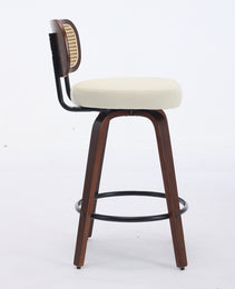 Set Of 3 Counter Height Bar Stools  26 Inch Rattan Counter Height Stools With Cane Back, Upholstered Seat, Walnut Craftsmanship, Swivel Counter Stools For Island  Kitchen  Counter  Bar Walnut Beige