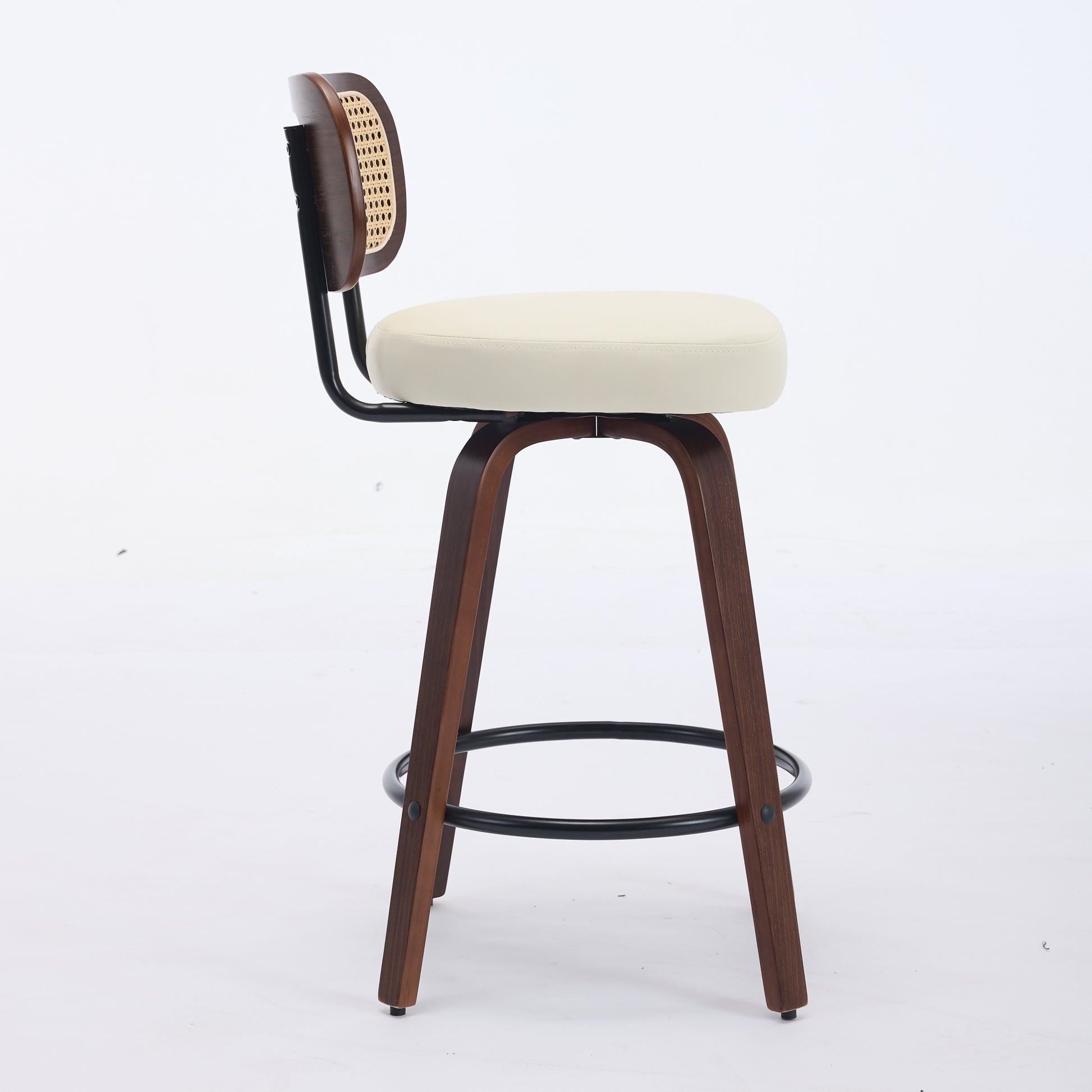 Set Of 3 Counter Height Bar Stools  26 Inch Rattan Counter Height Stools With Cane Back, Upholstered Seat, Walnut Craftsmanship, Swivel Counter Stools For Island  Kitchen  Counter  Bar Walnut Beige