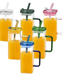 1 Pcs Transparent Glass Straw Cup, 6 Colors Square Glass Cup With Straw And Lid, High Borosilicate Glass Cup, Milk Cup, Juice Cup, Cold Drink Cup, Coffee Cup, Tea Cup, Office Cup, Gift Cup