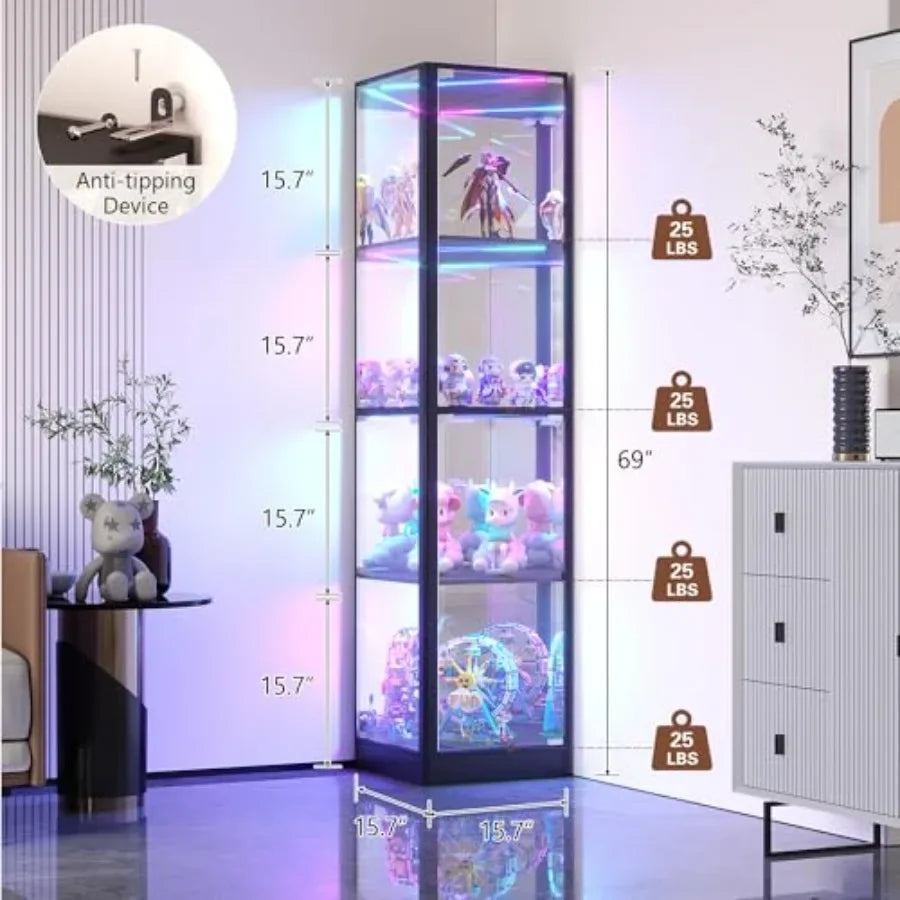 Corner Display Cabinet for Living Room, Tempered Glass Doors LED Lights, White Finish, Space-Saving Design