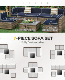 7-Piece Outdoor Wicker Patio Sofa Set, Modern Rattan Conversation Furniture Set with Cushions, Pillows and Tea Table - Blue