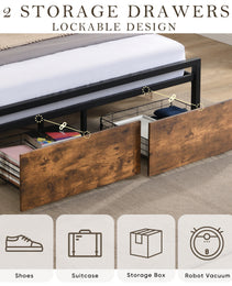 Queen Size Bed Frame With Storage Headboard And 2 Drawers, LED Lights Bed With Charging Station