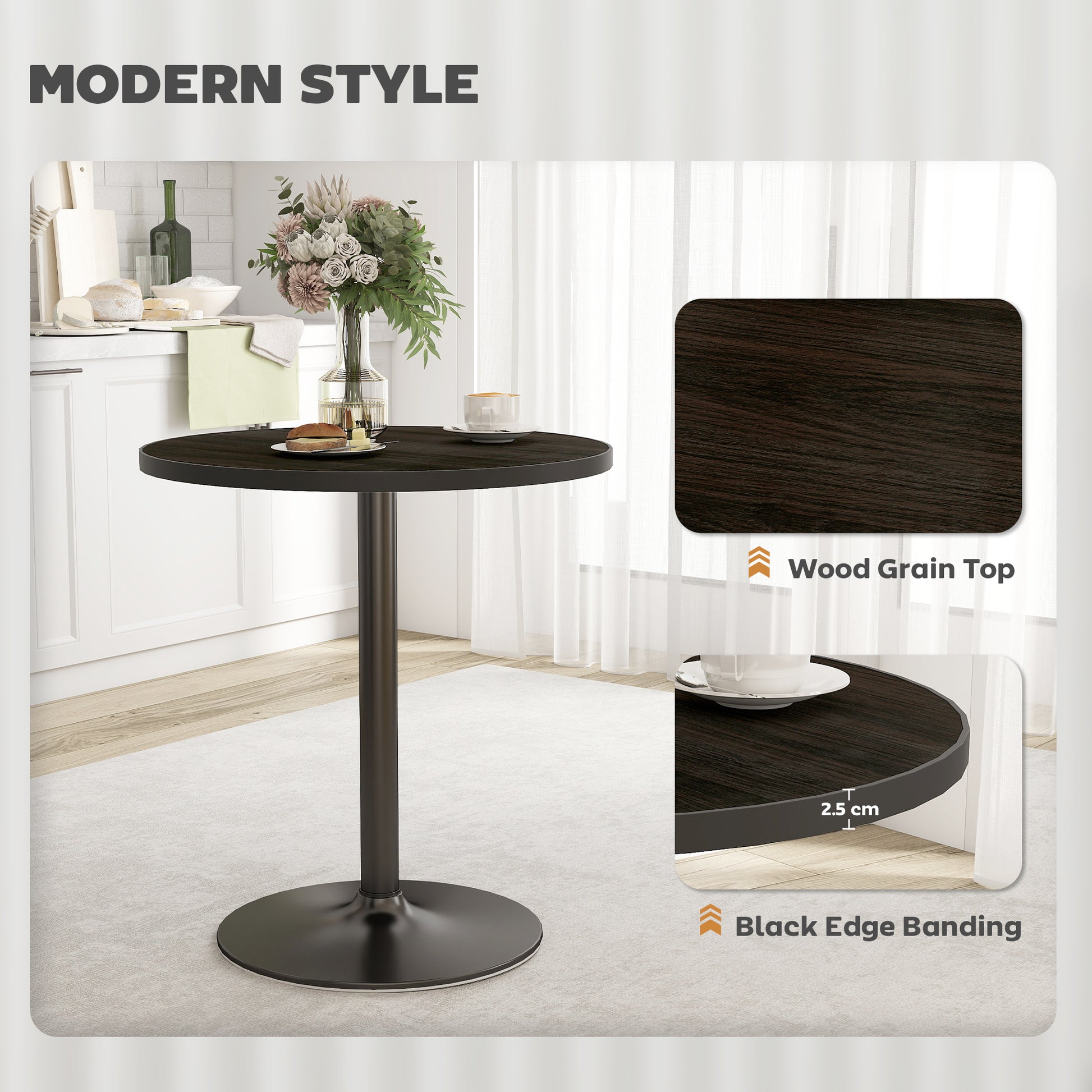 Round Dining Table For 2-4 People, Small Kitchen Table With Wood Grain Top, Black