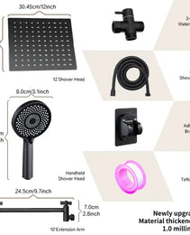 12-inch High-Flow Square Shower Head Set - Water-Saving Rain Shower With 3-Level Handheld Spray