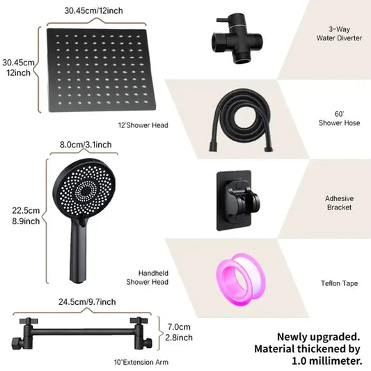 12-inch High-Flow Square Shower Head Set - Water-Saving Rain Shower With 3-Level Handheld Spray