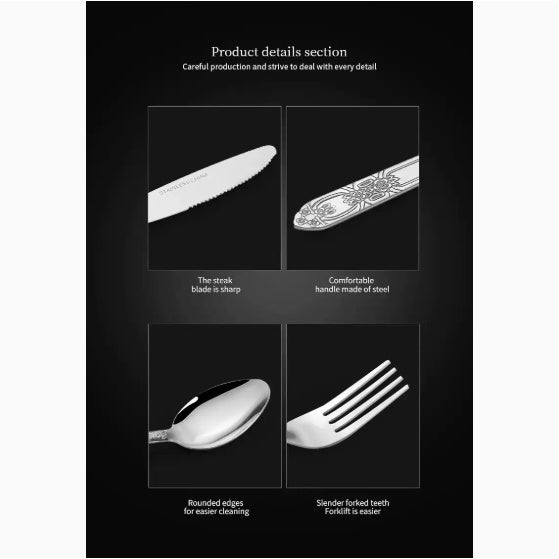 Product Name  Deluxe Premium Cutlery Flatware Set For The Home  Stainless Steel Cutlery Service With 1 Dinner Fork, 1 Dinner Knife, 1 Dinner Spoon And 1 Tea Spoon  Durable, Elegant And Rust  Resista