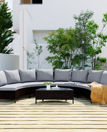 TOPMAX 5 Pieces All-Weather Brown PE Rattan Wicker Sofa Set Outdoor Patio Sectional Furniture Set Half-Moon Sofa Set With Tempered Glass Table, Grey