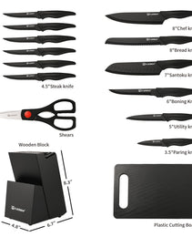 16 Pieces Kitchen Knife Block Set With Cutting Board, German Stainless Steel Knife Set With Sharpener, Dishwasher Safe, Anti-Slip Handle, 6 Steak Knives, Black