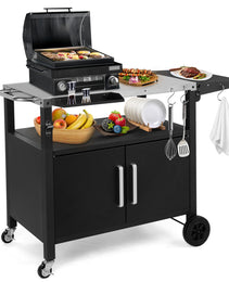 Outdoor Grill Cart With Storage, Rolling Bar Cart Movable Kitchen Island For BBQ, Patio Dining Cart Table For Food Prep With Wheels Hooks Foldable Top