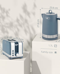 Sleek Textured Breakfast Set: 1.7L Rapid-Boil Kettle & 2-Slice Toaster – Matte Blue & Polished Chrome