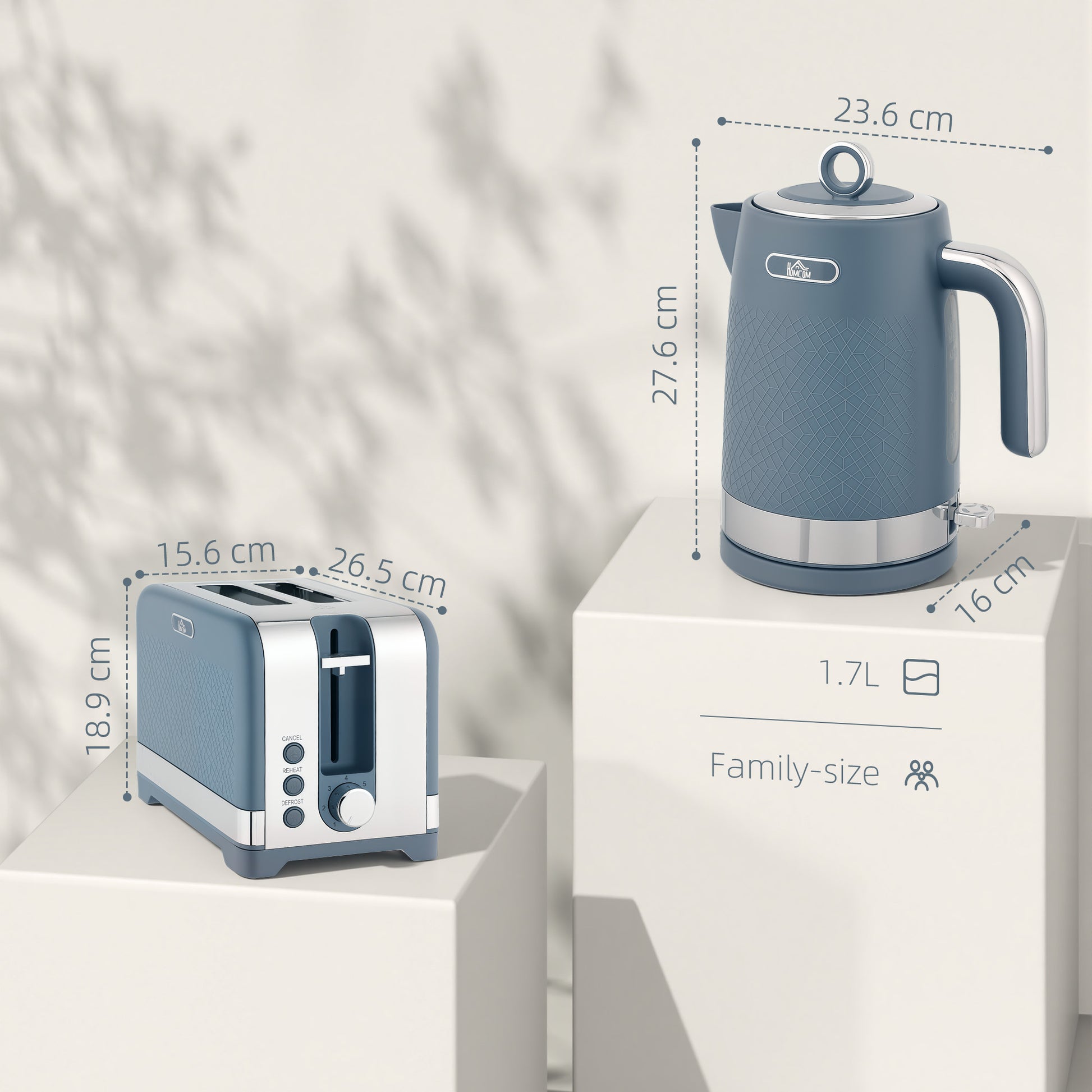 Sleek Textured Breakfast Set: 1.7L Rapid-Boil Kettle & 2-Slice Toaster – Matte Blue & Polished Chrome
