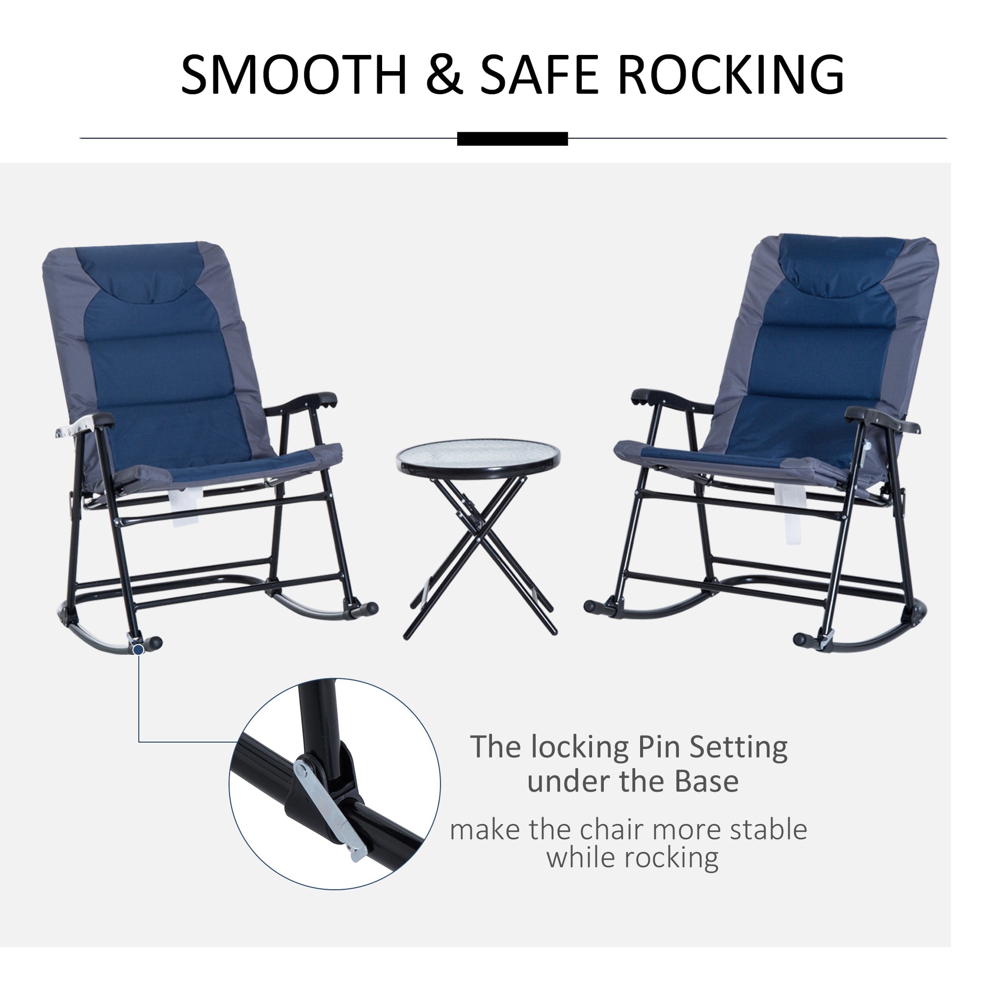 3 Piece Blue Rocking Bistro Set  Patio Chairs   Glass Coffee Table