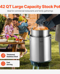 VEVOR Stainless Steel Stockpot, 42 Quart Large Cooking Pots, Cookware Sauce Pot With Strainer, Lid, And Handle, Heavy Duty Commercial Grade Stock Pot, Sanding Treatment, For Large Groups Events Silver