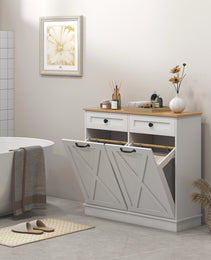 Tilt Out Laundry Hamper Cabinet, Bathroom Storage Cabinet with 2 Removable Baskets and 2 Drawers, White