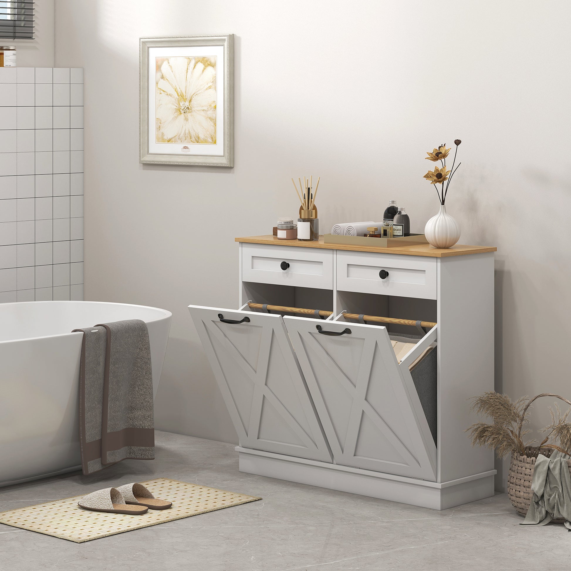 Tilt Out Laundry Hamper Cabinet, Bathroom Storage Cabinet with 2 Removable Baskets and 2 Drawers, White