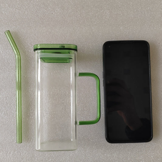 1 Pcs Blue Glass Straw Cup, 6 Colors Square Glass Cup With Straw And Lid, High Borosilicate Glass Cup, Milk Cup, Juice Cup, Cold Drink Cup, Coffee Cup, Tea Cup, Office Cup, Gift Cup