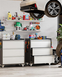 Aobabo Metal Garage Tool Storage Cabinets With Wheels, Steel Cabinet With Drawer, 3 Drawers Rolling Tools Chest Cabinet For Garage, Warehouse, Assembly Required, Black Grey