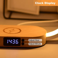 Bedside Lamp with Wireless Charger,Wooden Table Lamp with Charging Station,Touch Nightstand Lamp with Clock,3 Color Stepless Dimming Touch Lamp for Bedroom,Unique Gifts for Women