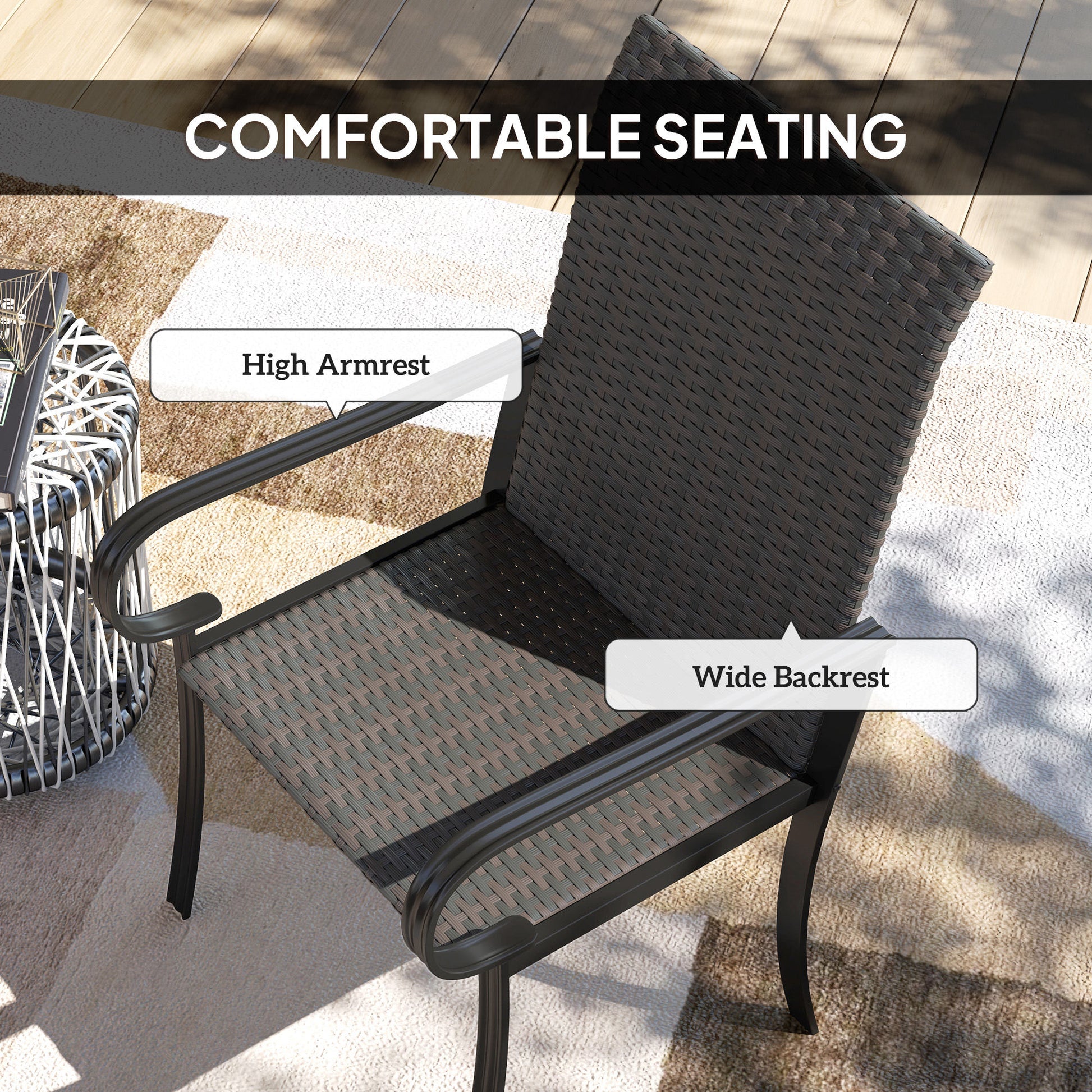 Set of 4 Outdoor Wicker Dining Chairs with Armrest, Steel Frame, Highback and Deep Seating, Brown