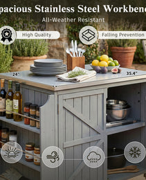 K&K 42.1  Outdoor Kitchen Island With Side Shelf, Outdoor Grill Cart With Storage Cabinet, Outdoor Kitchen Cabinet With Stainless Steel Top,  Adjustable Shelf And 4  Wheels For Pizza Prep, Grey Blue