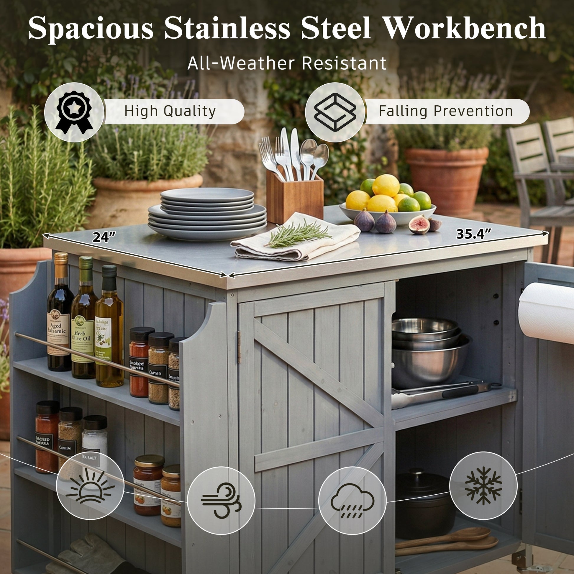 K&K 42.1  Outdoor Kitchen Island With Side Shelf, Outdoor Grill Cart With Storage Cabinet, Outdoor Kitchen Cabinet With Stainless Steel Top,  Adjustable Shelf And 4  Wheels For Pizza Prep, Grey Blue