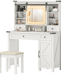 Vanity Desk Set With Mirror And Lights, Cushioned Stool, Storage Drawer, Cabinet, Shelves For Bedroom, White - CJDS