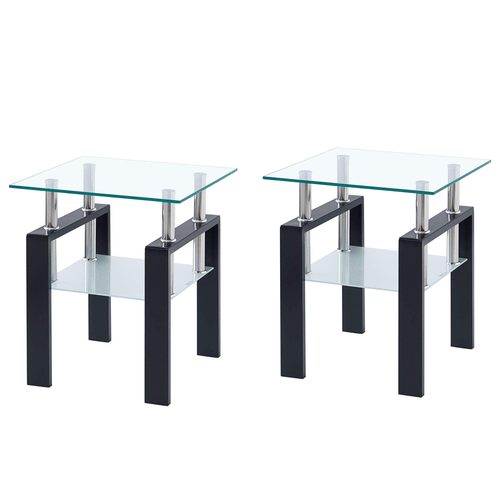Tempered Transparent Glass End Table, 2-Layers Small Table With Storage, Living Room Side Table