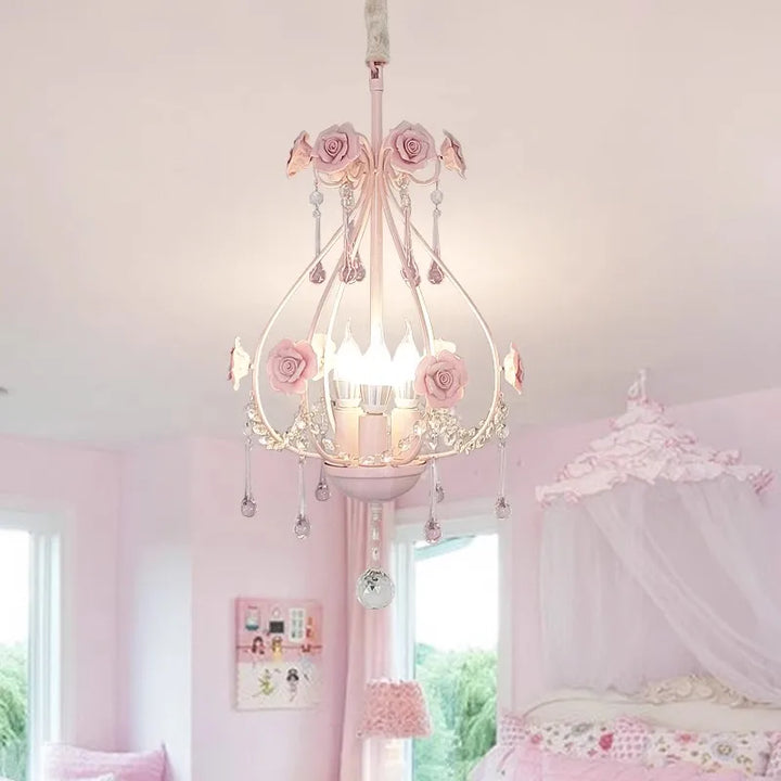 Pink Rose Bouquet Crystal Chandeliers Princess Room Girl Bedroom Decor Lamps Romantic Warm Children's Room Flowers Chandeliers