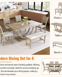 TOPMAx 6- Piece Wood Half Round Dining Table Set Kitchen Table Set With Long Bench And 4 Dining Chairs  Modern Style  Natural